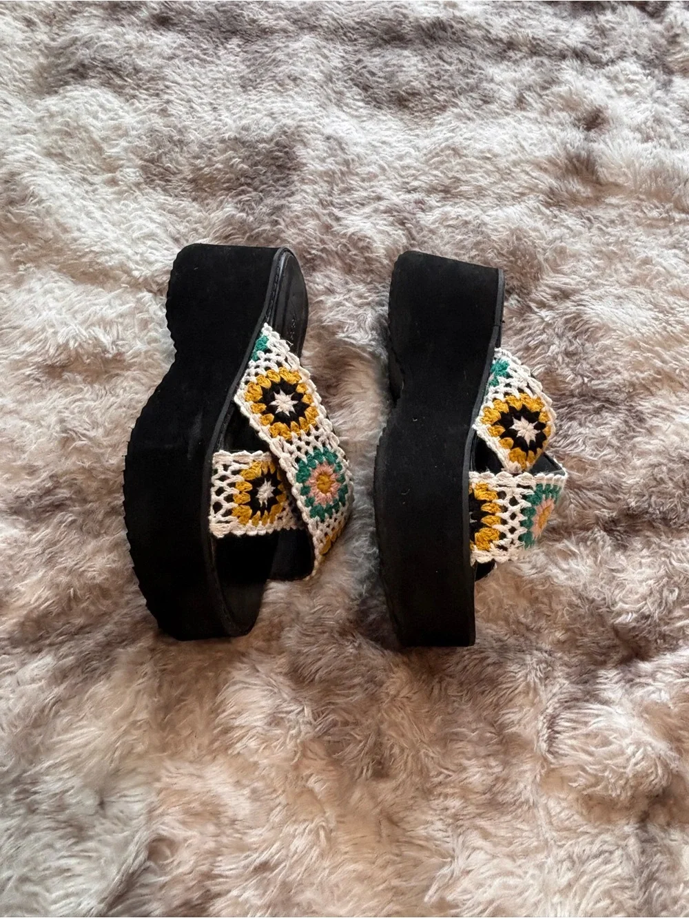 ASOS Black Platform Mules with Multicolor Crochet Crossband